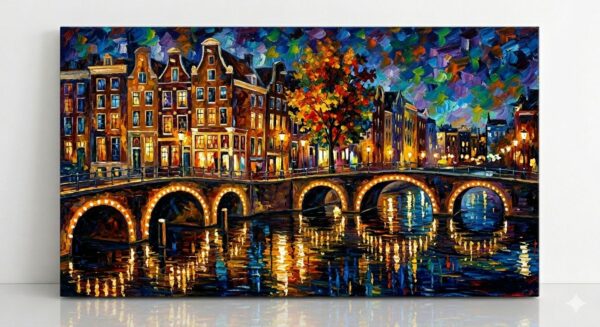 Aesthetic Amsterdam Canal Night - Textured Palette Knife Digital Painting